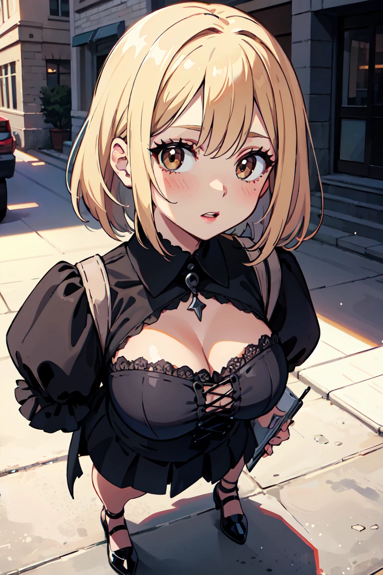 masterpiece, best quality, highly detailed background, perfect lighting, best quality, (extremely detailed face), volumetric lighting, intricate details, shadow, tonemapping, sharp focus, hyper detailed, trending on Artstation, (solo) ((Looking at the viewer)) .Girl with short blond hair.  Brown eyes. curvy. Blush, Clear skin.  Big bust.((Gothic dressed)). Gothic shoes. ((Gothic makeup)) ((neighborhood neighbor)) Dynamic pose