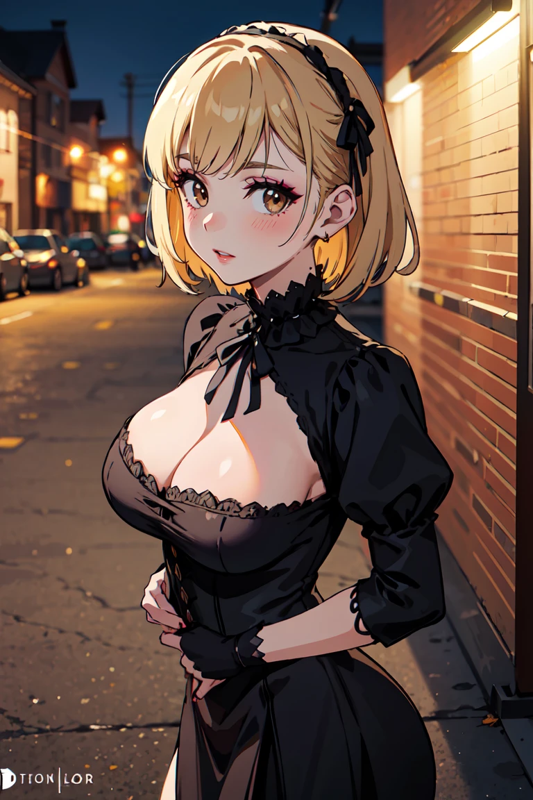 masterpiece, best quality, highly detailed background, perfect lighting, best quality, (extremely detailed face), volumetric lighting, intricate details, shadow, tonemapping, sharp focus, hyper detailed, trending on Artstation, (solo) ((Looking at the viewer)) .Girl with short blond hair. Brown eyes. curvy. Blush, Clear skin. Big bust.((Gothic dressed)). Gothic shoes. ((Gothic makeup)) ((neighborhood neighbor)) Dynamic pose