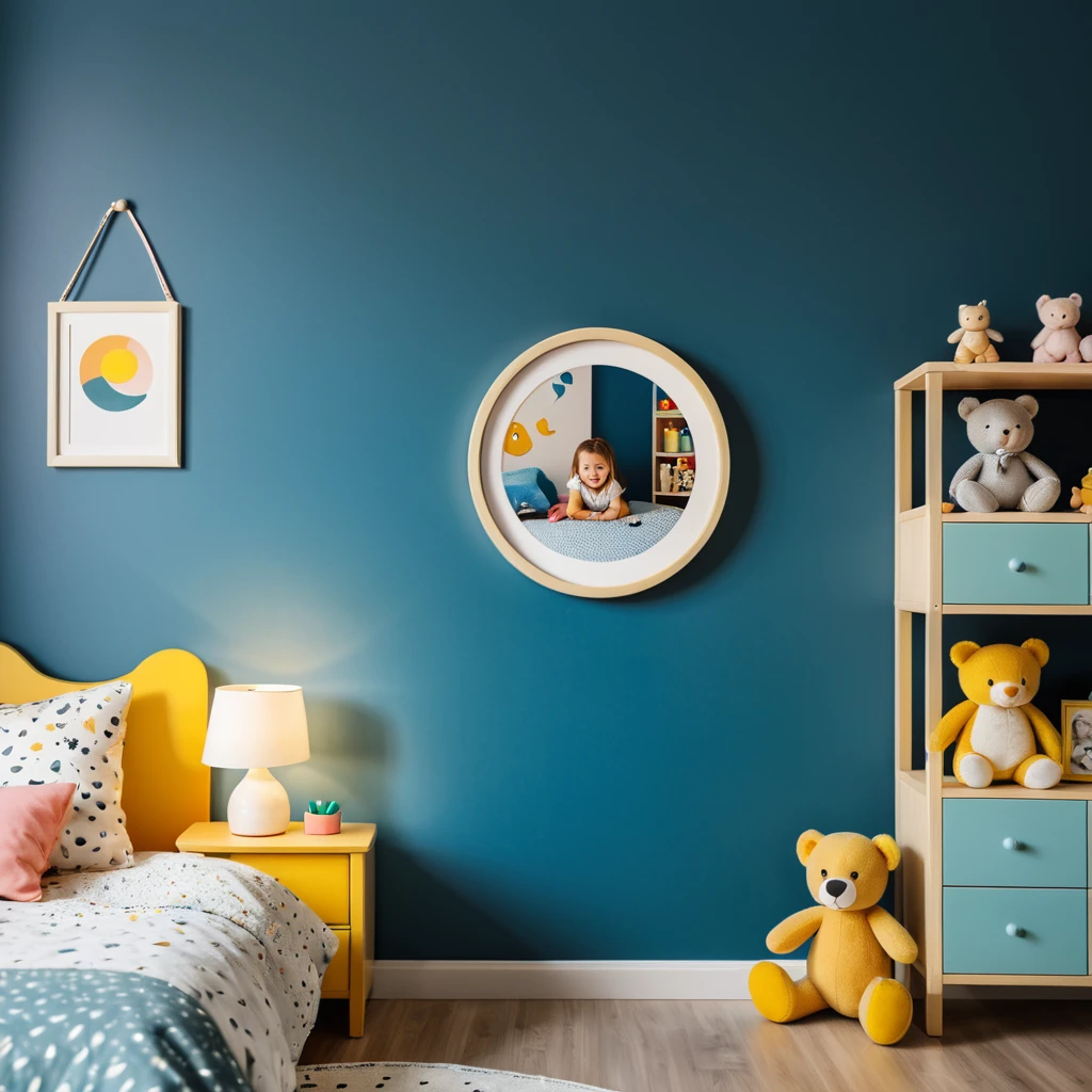 a photo inside of childrens room, a picture in a round frame on a nightstand, 18mm lens