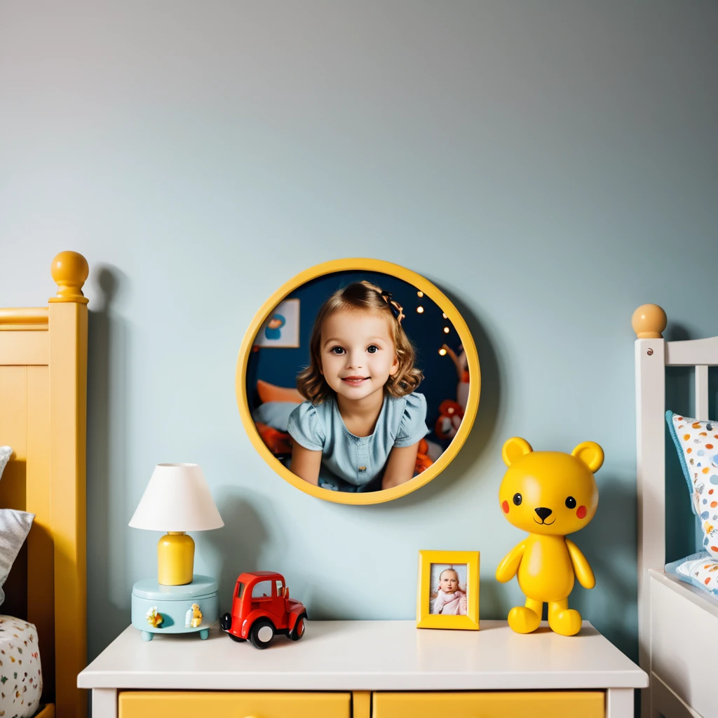 a photo inside of childrens room, a picture in a round frame on a nightstand, 18mm lens