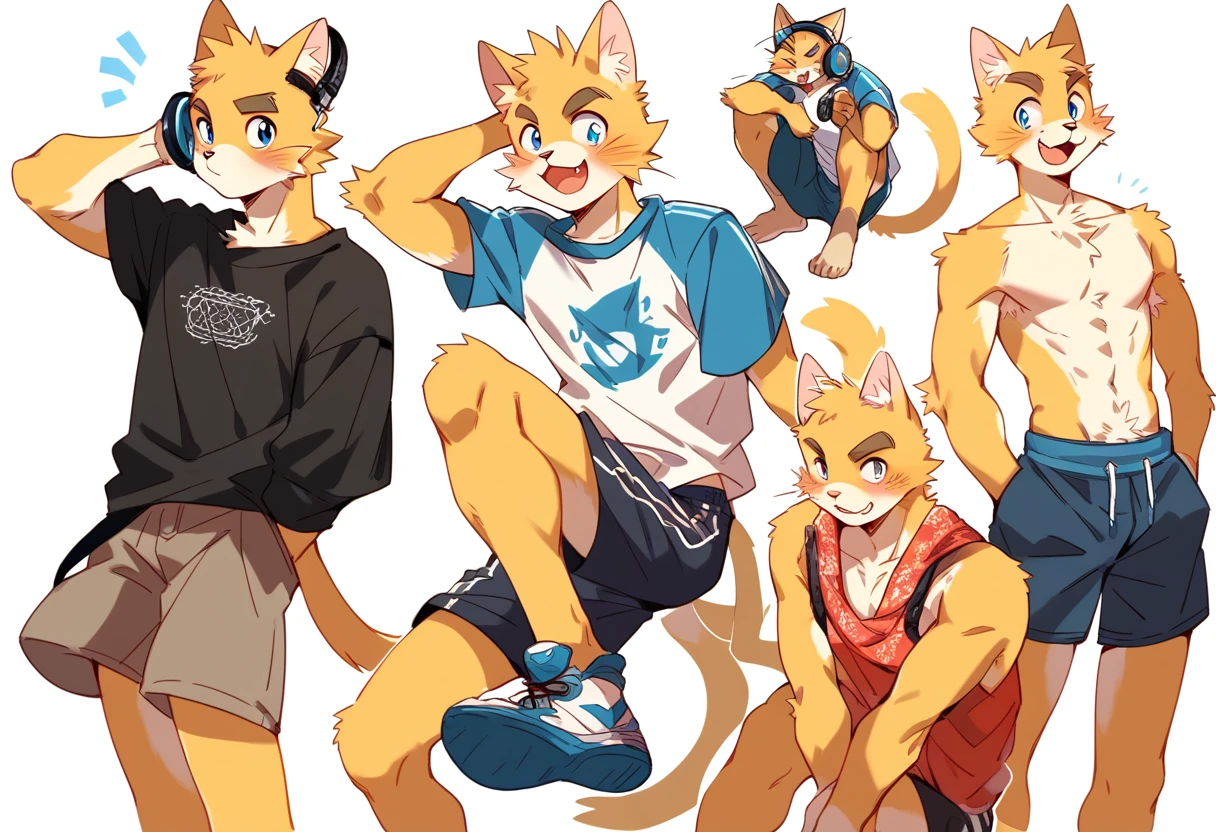 score_9, score_8_up, score_7_up, male, furry, high quality, hires, anthro, ager, 16 ymestic cat, bright yellow fur, blue eyes, wide brown eyebrows, an excited expression, humanoid feet, slim body, prominent v-line, prominent abs, prominent legs, prominent forearm, prominent knees, white background, treasure trail, armpit hair, furry legs, in various sexy poses, headphones, casual clothes, joggers, shorts, showing off, patting treasure trail with a hand