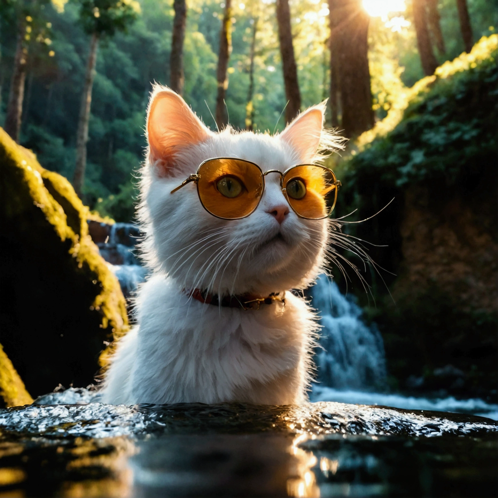 a beautiful detailed forest,detailed waterfall,detailed campsite,scenic italian forest,detailed waterfall,golden hour,golden hour,manual mode,wide angle,f/8,iso 100,1/500 shutter speed,10mm lens,a cute white cat with big eyes in the waterfall，the cat wears glasses,its fur is fluffy