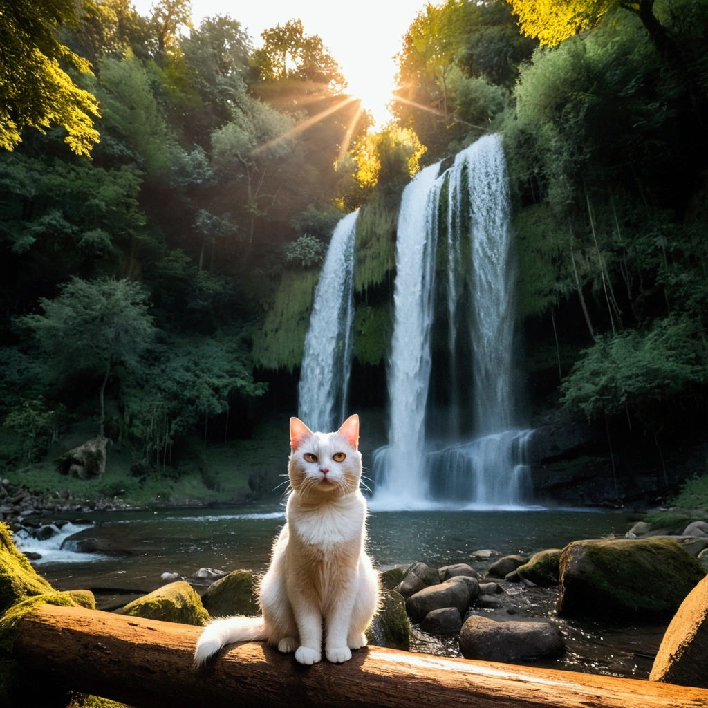 a beautiful detailed forest,detailed waterfall,detailed campsite,scenic italian forest,detailed waterfall,golden hour,golden hour,manual mode,wide angle,f/8,iso 100,1/500 shutter speed,10mm lens,a cute white cat with big eyes in the waterfall，the cat wears glasses,its fur is fluffy