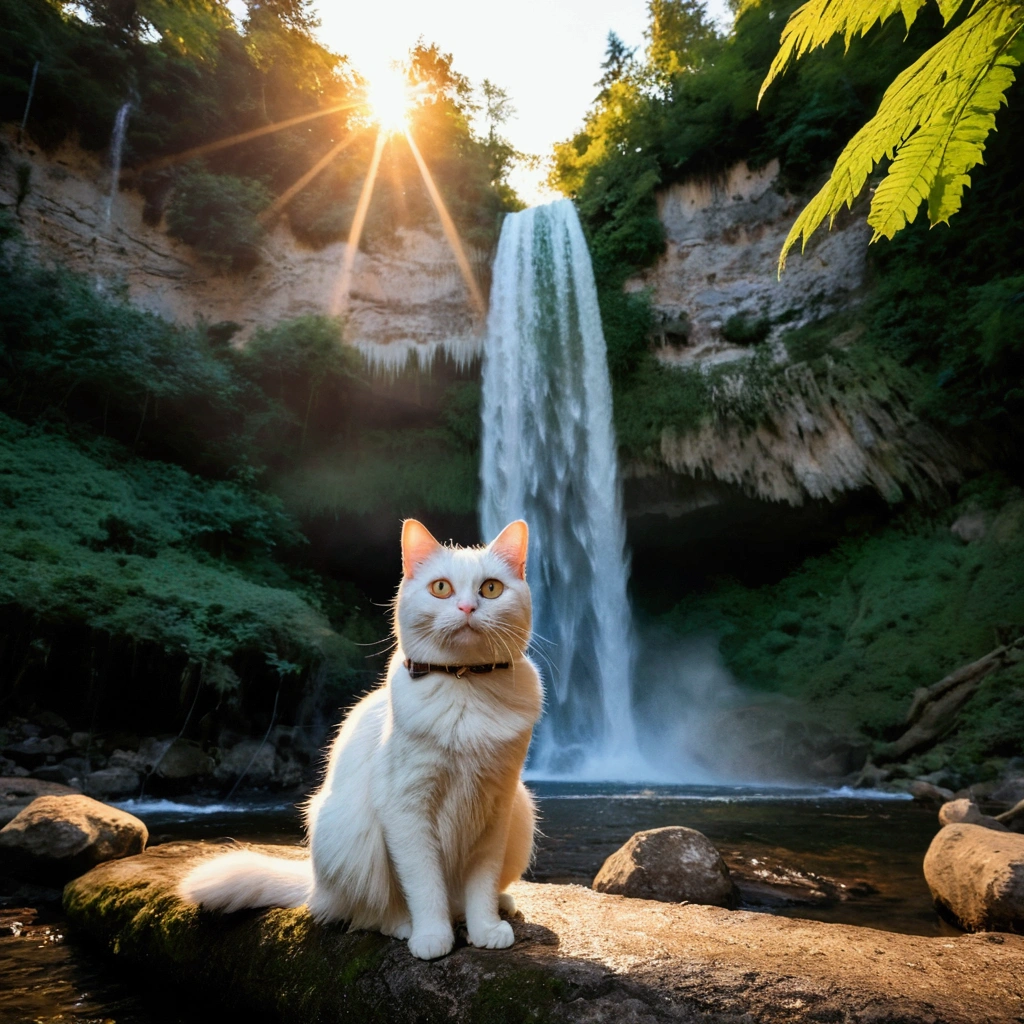 a beautiful detailed forest,detailed waterfall,detailed campsite,scenic italian forest,detailed waterfall,golden hour,golden hour,manual mode,wide angle,f/8,iso 100,1/500 shutter speed,10mm lens,a cute white cat with big eyes in the waterfall，the cat wears glasses,its fur is fluffy