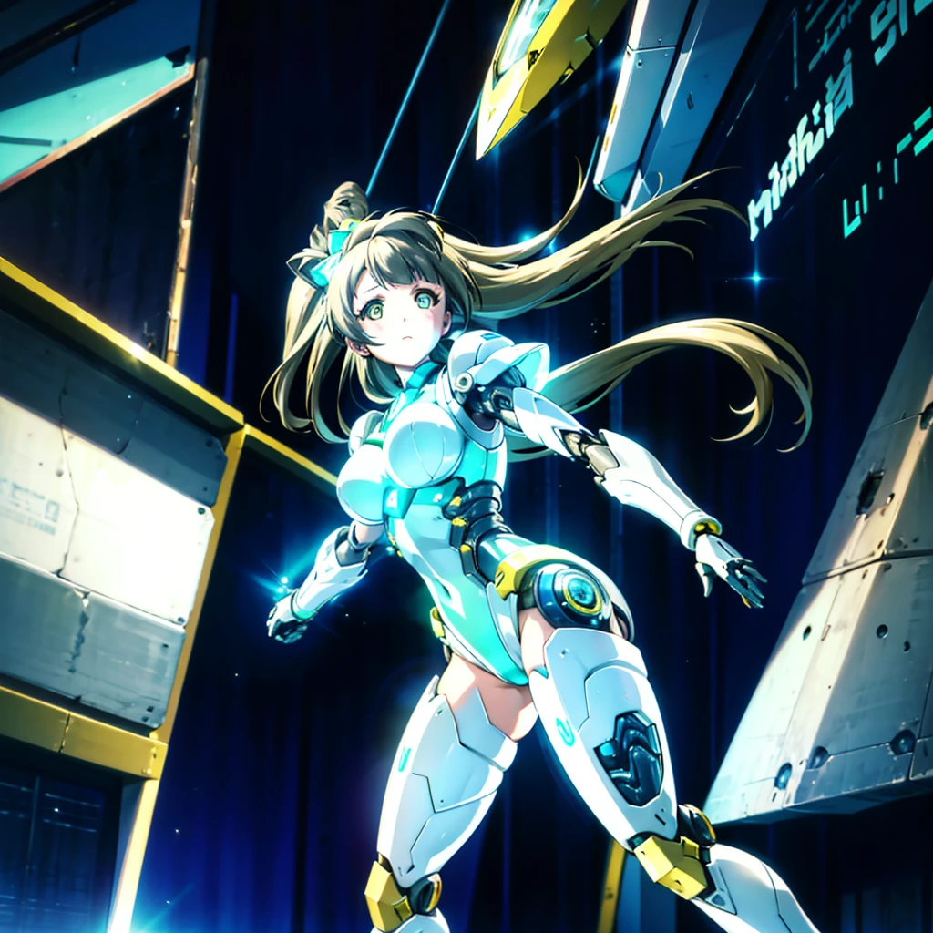 masterpiece, high quality, Minami Kotori, a cyborg girl with a mechanical body、Gynoid cyborg body modification surgery、Blue and white leotard armor、A precisely mechanized body、Single image、from the front,Put the whole body