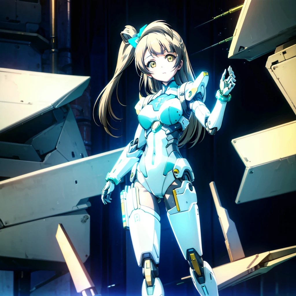 masterpiece, high quality, Minami Kotori, a cyborg girl with a mechanical body、Gynoid cyborg body modification surgery、Blue and white leotard armor、A precisely mechanized body、Single image、from the front,Put the whole body