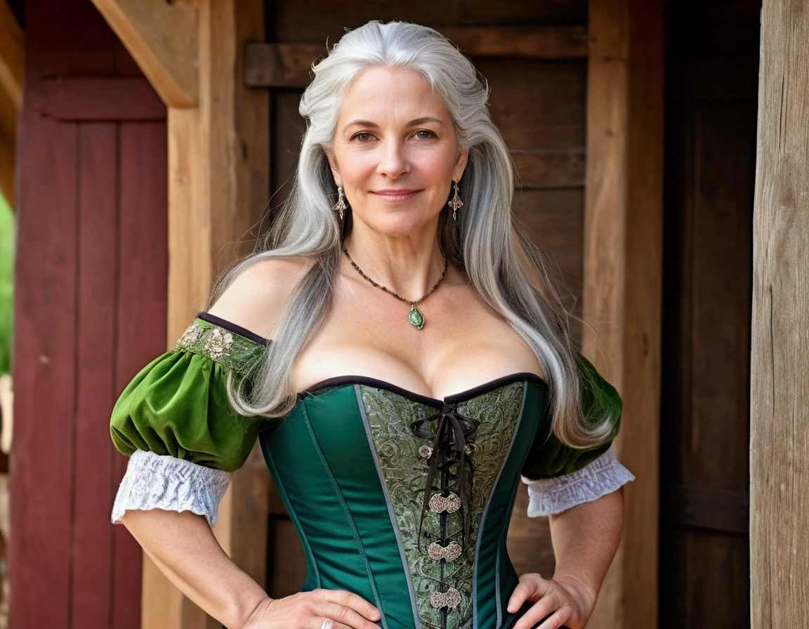 50 year old woman, with athletic (happy) white gray hair, firm, smooth skin, beautiful and sultry breasts with sharp facial features, long hair, big breasts wearing a renaissance dress, open shoulders, corset, green dress, At the renaissance fair, medieval village, luxury rooms.