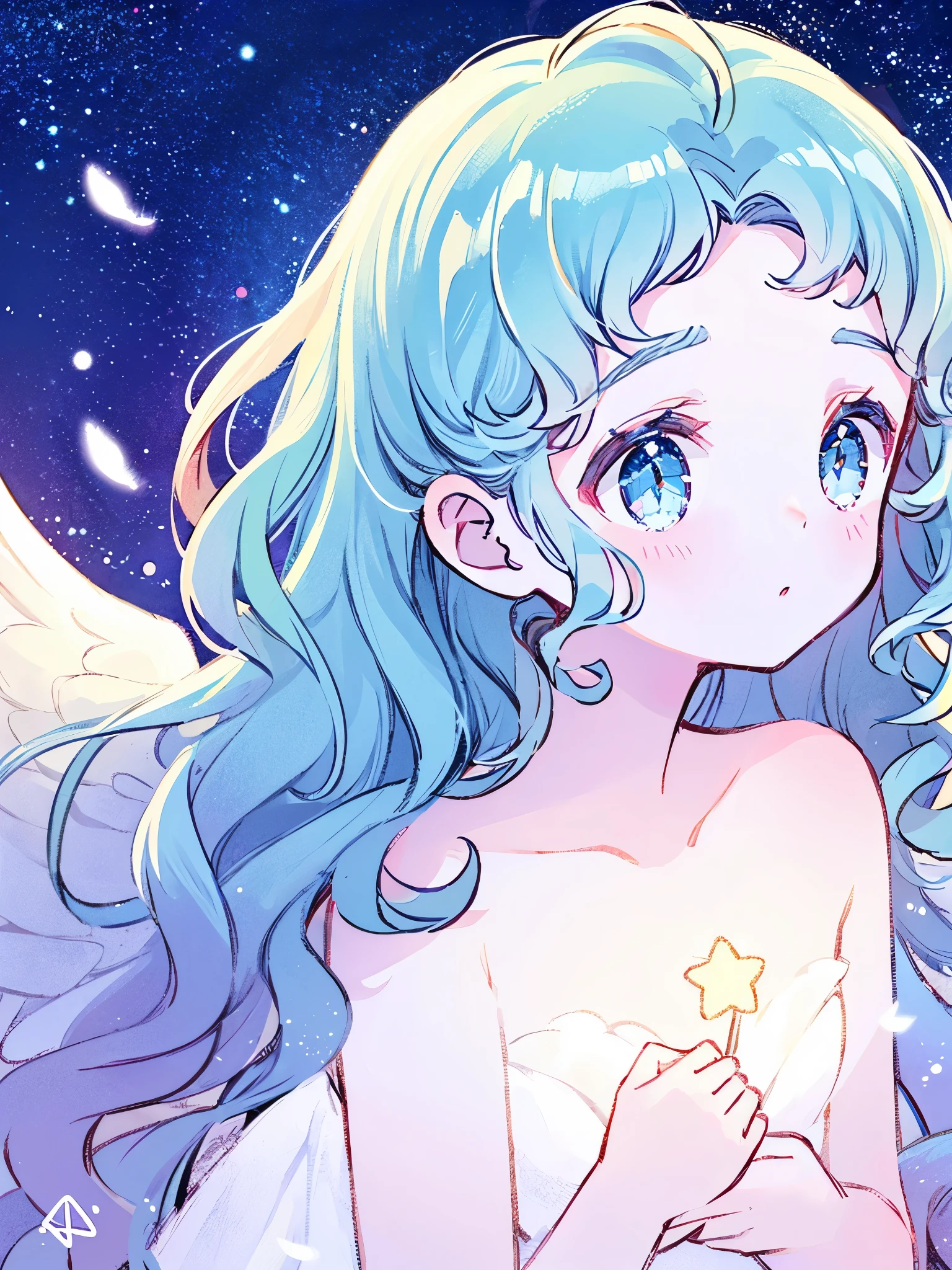 nude angel girl wearing an ethereal translucent dress, pale skin, ((blue mint wavy hair)), white feathers, angel wings, sparkling detailed eyes, golden ratio face, perfect composition, highly detailed, ethereal, (starry night sky background), midjourney style