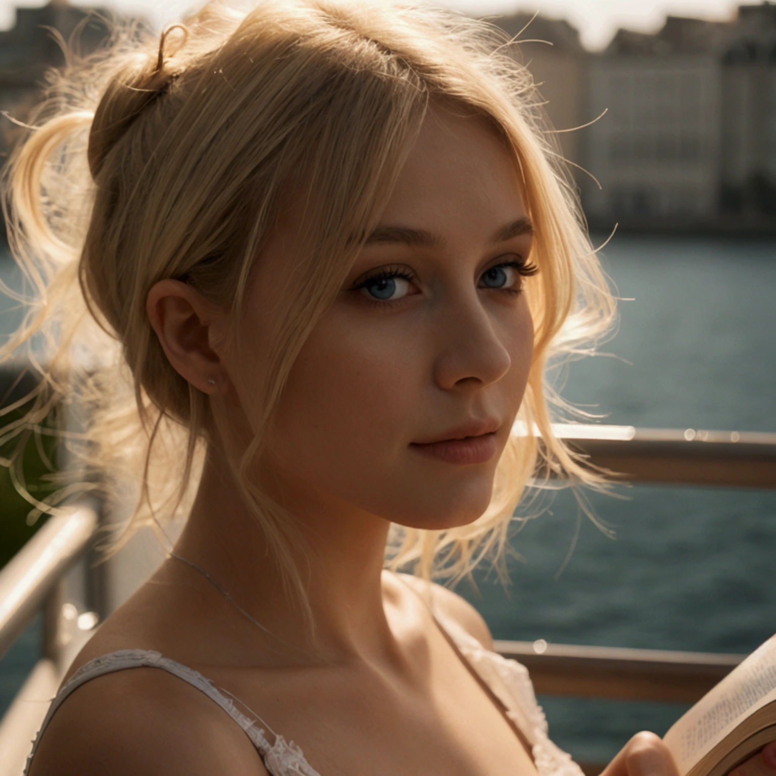 Une fille blonde avec un très joli corps fin et une jolie poitrine, tenue sexy, en train de lire un livre sur une terrasse ensoleillée, éclairage parfait, bijoux, se maquiller, 24mm, textures 4k, regarder le spectateur, établir un contact visuel, ultra réaliste, 8k, reflex numérique.