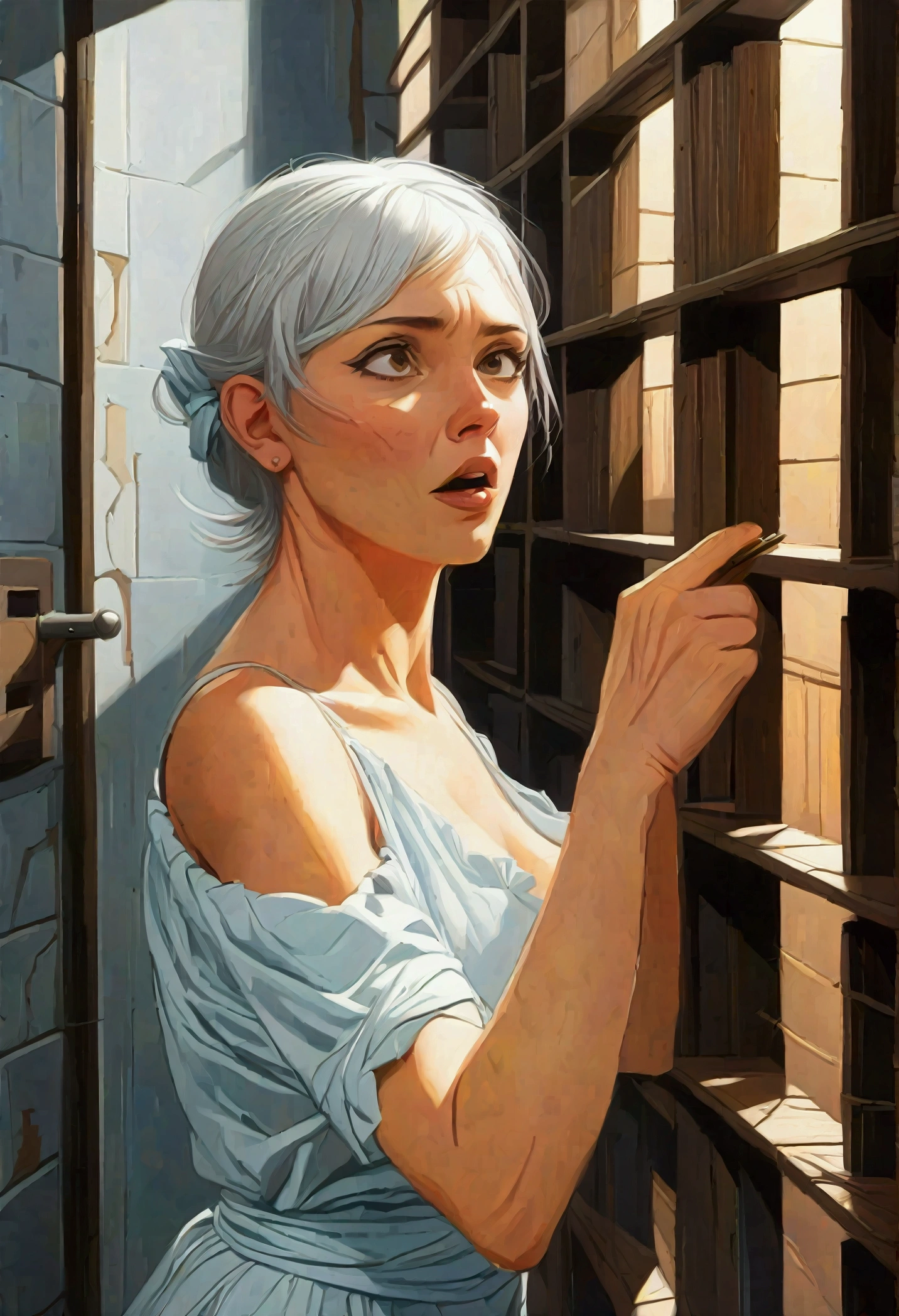 analog photo of (nude) aged 40yo ((scared)) mature cleaning lady, in an interrogation in a prison cell, (tan lines), mopping the floor,
(full body image head to toe), full bodied portrait, female pubic hair,
(huge torpedo heavy breasts:1.1), (pubic hairs:1.4), (wide hips), high heels, legs apart, open mouth,
pale skin, natural skin, wrinkles, pore,
((clothes on the floor)), dress on the floor, knickers on the floor, bra on the floor,
(((RAW Amateur Photo)))