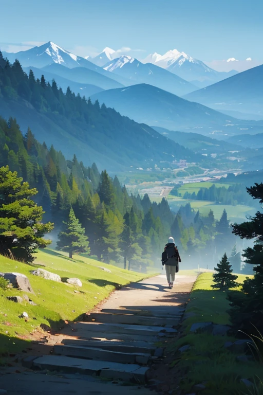 Create a scene with mountains and forests with a person walking . anime styling