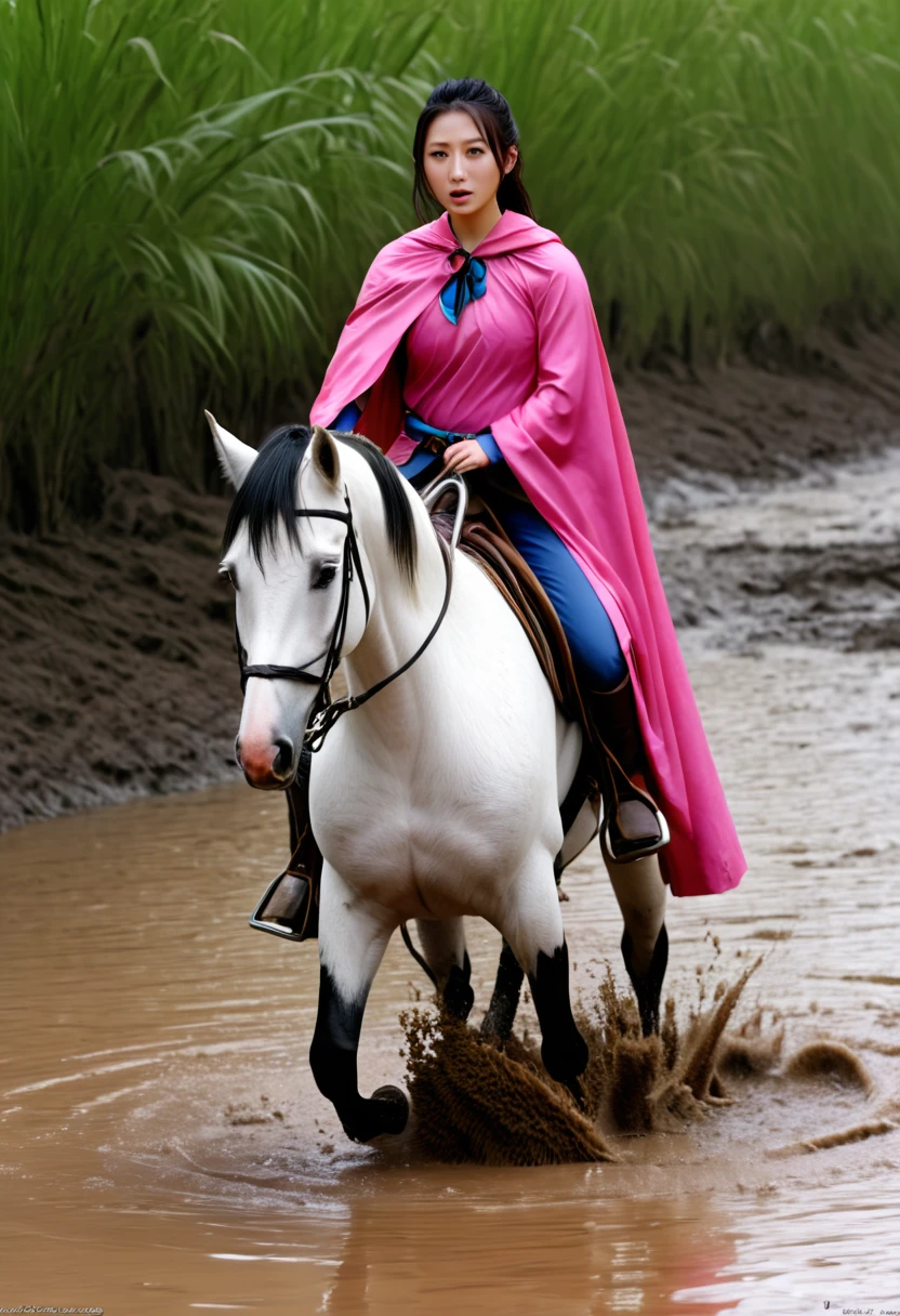 (((masterpiece))),(((Highest quality))),((Tabletop:1.4, Highest quality)), (Realな写真:1.4), in the muddy river,
((1 cute girl knight)),rodeo,horse standing,Surprised face,stumble,aggressive,slouch,horse standing, prancing horse in pitfall,cute,Napoléon horse sliped in pitfall,in the pitfall,Uplifting,Naughty,
(超High resolution:1.2),, wonderful, Very detailed CG Unity 8k wallpaper, Very detailed, High resolution,fat horse ridden by japanese girl,Plump,Double,Pink armor and cape,Soaking in the swamp,Mud Splash,
Soft Light, Beautiful detailed girl, Droopy eyes,Very detailedな目と顔, Beautiful and exquisite nose, Beautiful and exquisite,  horse ridden by a girl can't stand up because its drowned in the sticky muddy pitfall:10.0 ,Displeased face:4.0,Real,Stir,Anatomically correct,action horse riding scene while struggle fighting