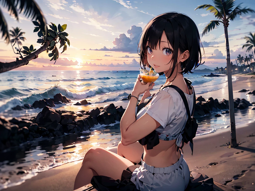 1 Japan,Mature Woman,Age 35,Black Hair,short hair,slender,Hawaii,Beach,summer,bikini,Having a cocktail,horizontal line,sunset,Backlight,Palm tree,cumulonimbus