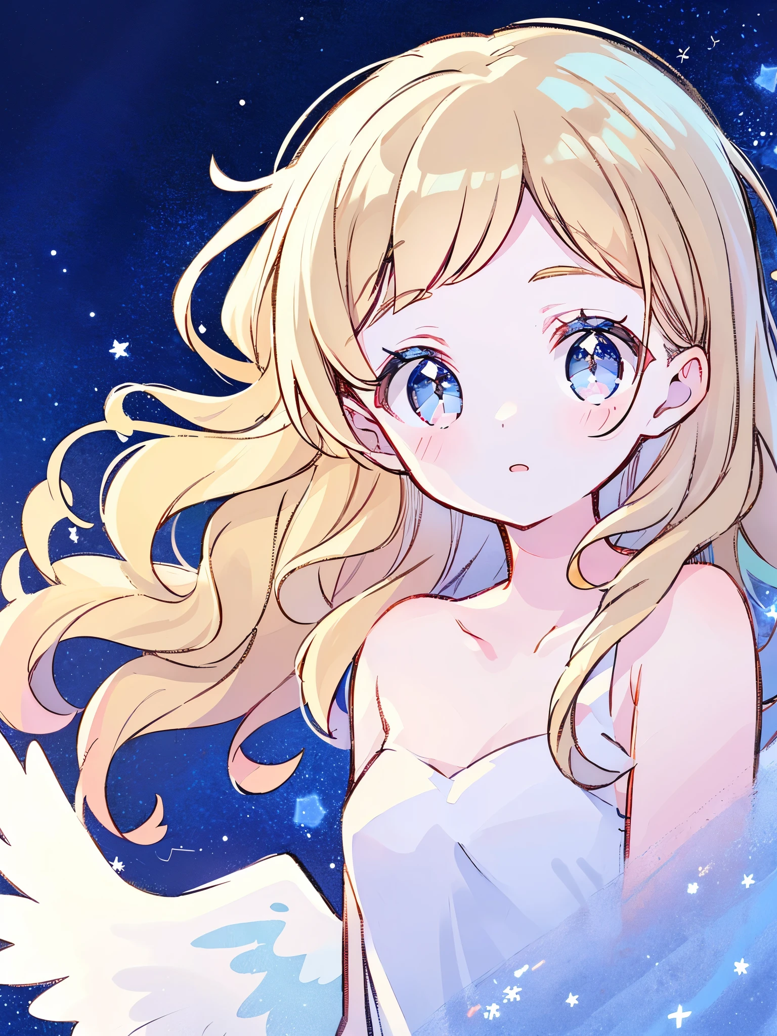 nude angel girl wearing an ethereal translucent dress, pale skin, ((blue mint wavy hair)), white feathers, angel wings, sparkling detailed eyes, golden ratio face, perfect composition, highly detailed, ethereal, (starry night sky background), midjourney style