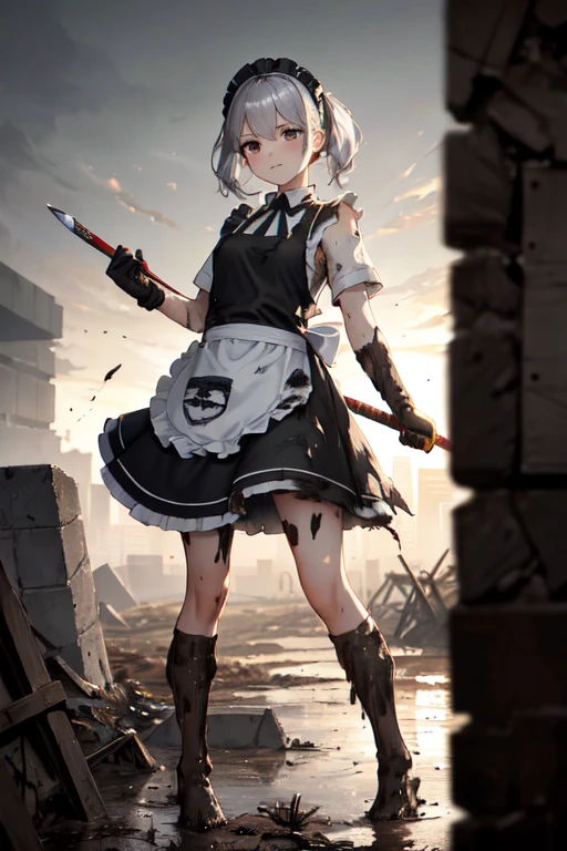 ((Super best quality:1.6)), ((masterpiece:1.4)), (detailed:1.4), ((Ultra-high resolution:1.6)), (detailedな顔), girl, cute, Silver Hair, Small breasts, (Black Dress, White apron, Classic maid outfit, Long)
燃えているbattlefield, battlefield, 崩壊した壁紙やrubbleに瀕死で凭れて座っているメイド, Exhausted, ground, rubble, Shabby, (My clothes are covered in mud:1.6. Covered in charcoal:1.6), (Clothes are torn:1.4), (Apron torn by slashing), Holding a sword, scratch, Blood,