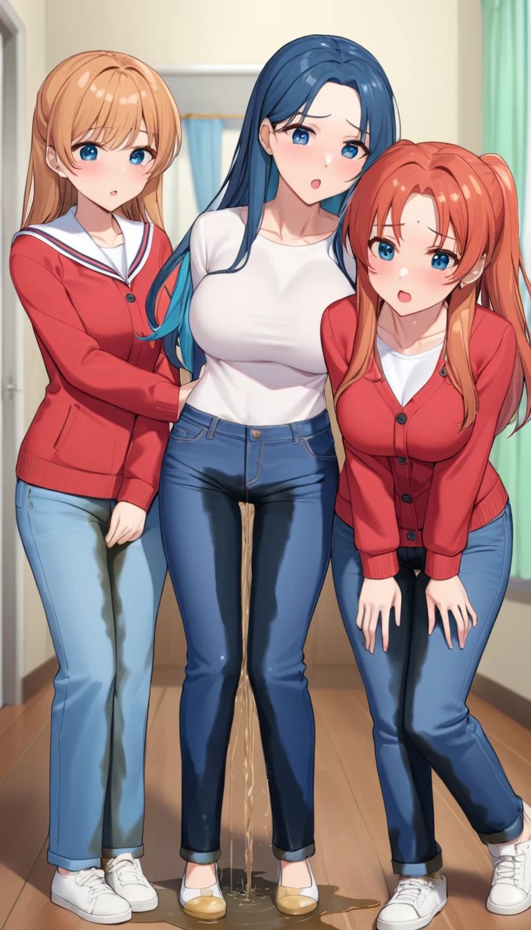 ((best quality, masterpiece:1.3, 8K)), (detailed), highly detailed face and skin texture, detailed eyes, full body, (slender body:1.1), (a group of 3 girls:1.5), 25 years old, white skin, bright lips, worried, embarrassed, panicking, long hair, (forehead:1.0), large breast, (jeans pants:1.2, blue jeans:1.2), (wetting themself:2.5, desperation:1.2),