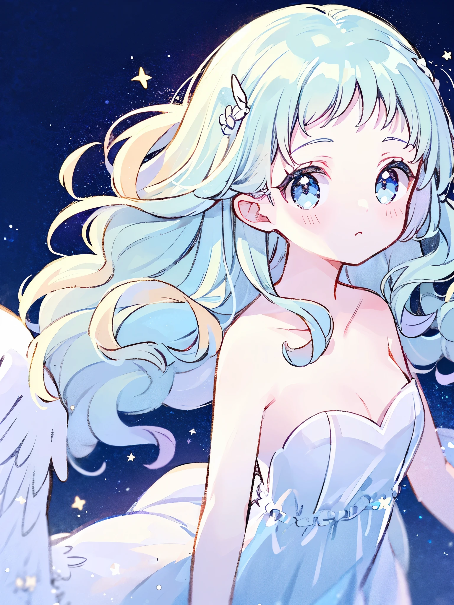 nude angel girl wearing an ethereal translucent dress, pale skin, ((blue mint wavy hair)), white feathers, angel wings, sparkling detailed eyes, golden ratio face, perfect composition, highly detailed, ethereal, (starry night sky background), midjourney style