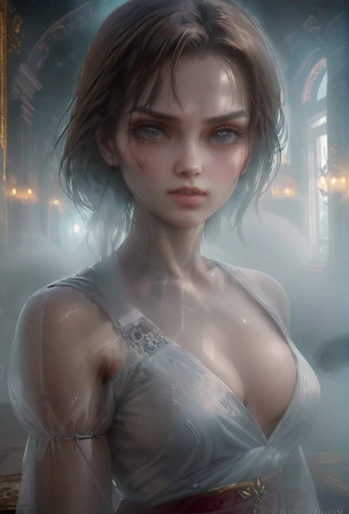 High Quality ,ultra detailed,portrait, Beautiful picture of A painting of a girl russian beauty, Fog, cinematic shot, haze lighting, 16k, uhd, blurry masterpiece,cinematic, epi, SakimiStyle