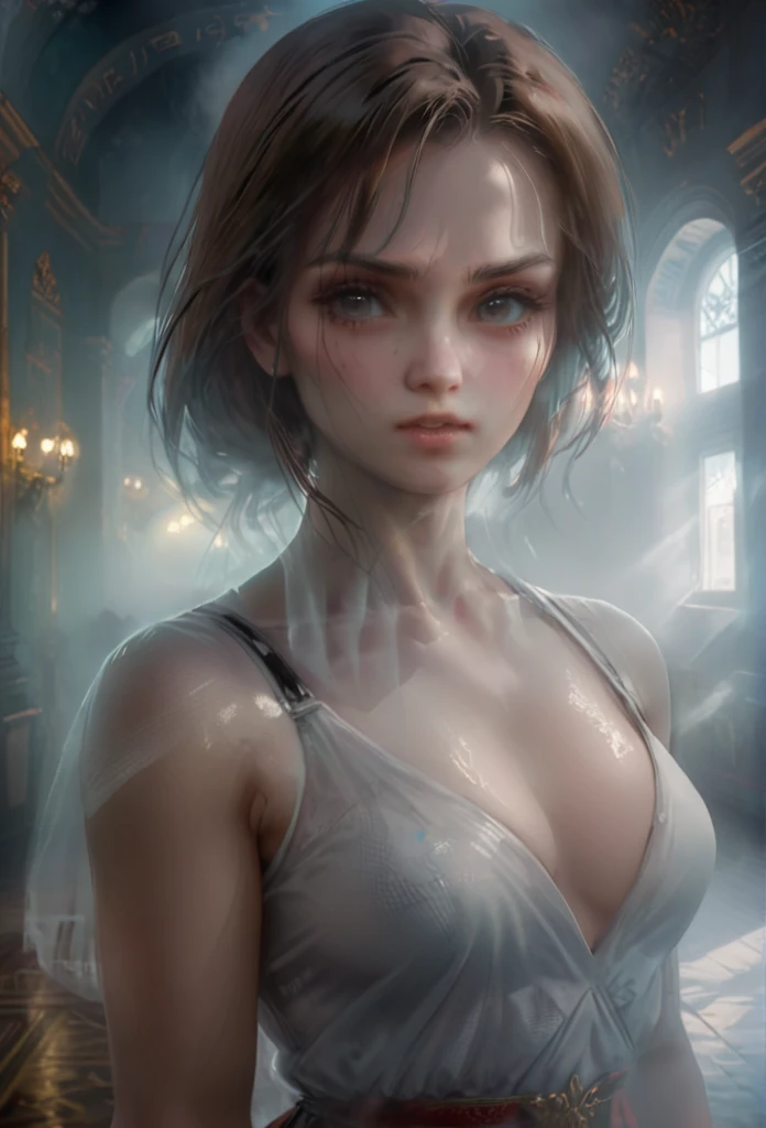 High Quality ,ultra detailed,portrait, Beautiful picture of A painting of a girl russian beauty, Fog, cinematic shot, haze lighting, 16k, uhd, blurry masterpiece,cinematic, epi, SakimiStyle