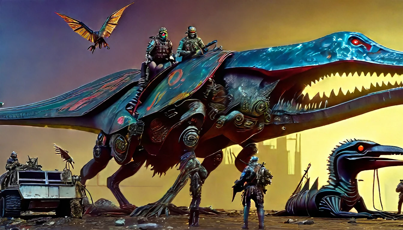 characters from Galaxy of Terror, inspired by Peter Gric and Heavy Metal Magazine, Cyberpunk apocalypse in chaotic world, stalenhag, metal album cover, gwar, pterosaur flying, (monsters and robots:3.2), wayne barlowe, Pierre Pellegrini, retro sci fi, movie poster promo, very detailed, epic, shot on Kodak Vision3, (intricate details), (hyperdetailed:3.5), 8k hdr, high detailed, lot of detailed, high quality, soft (cinematic:3.1) light, dramatic atmosphere, atmospheric pespective