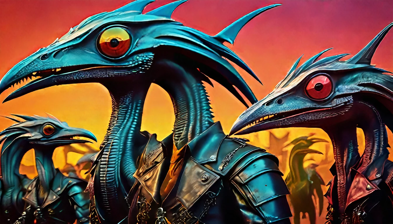 characters from Galaxy of Terror, inspired by Ed Emshwiller and Heavy Metal Magazine, Cyberpunk apocalypse in chaotic world, stalenhag, metal album cover, gwar, flying pterosaur, monsters and robots, wayne barlowe pierre pellegrini, retro sci fi, movie poster promo, ultra detailed, complex, sharp focus, object texture, studio photo, intricate details, highly detailed, Real Photo style, hyper-realistic, high dynamic range, rich colors, realistic textures, 8K uhd, high color depth, Nikon D 850, Kodak 400 port, fujifilm XT, (cinematic:3.1)