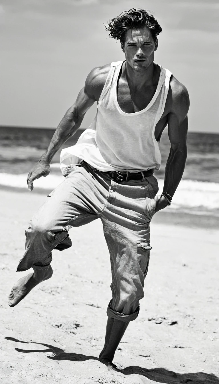 Beach, noon, 1man, fashion photoshoot, photographed by Peter Lindbergh, ultra high definition, realistic, perfect hands, dynamic angle, dynamic pose
