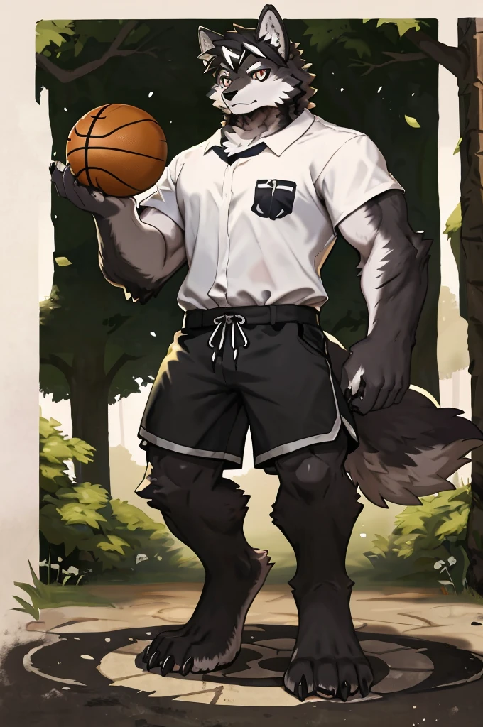 (Strong arms),(Strong legs),masterpiece, best quality, Official Art, Extremely detailed CG unified 8k wallpaper, Ultra Detailed, Best Illustration, , Ink fur, hairy male, Wolf Boy, hairy, Ink fur, 1 Boy,, male focus,, Striped hair, Wolf ears, Animal ears, Single speaker, Ink fur, Bangs, dark hair, White highlights, Medium Hair, Solitary, Ink tail,hairy尾巴,(Black pupil),High target,(campus),barefoot,(Sexy),((High target and strong)),side,(Delicate eyes:1.2),Inky eyes,male,Solitary,(Inky pupils),(Detailed face),(Sharp eyes),Permanent,(Detailed hands),(Foot details),aldult,type,Moderate,Long legs,(Detailed fingers),(Delicate eyes),(White shirt),(Black shorts),easy,Holding a basketball