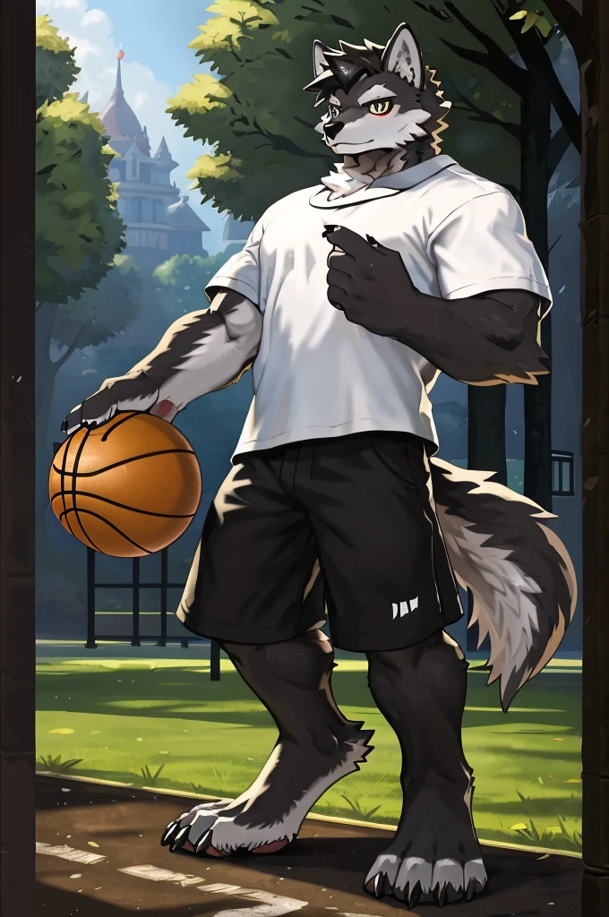 (Strong arms),(Strong legs),masterpiece, best quality, Official Art, Extremely detailed CG unified 8k wallpaper, Ultra Detailed, Best Illustration, , Ink fur, hairy male, Wolf Boy, hairy, Ink fur, 1 Boy,, male focus,, Striped hair, Wolf ears, Animal ears, Single speaker, Ink fur, Bangs, dark hair, White highlights, Medium Hair, Solitary, Ink tail,hairy尾巴,(Black pupil),High target,(campus),barefoot,(Sexy),((High target and strong)),side,(Delicate eyes:1.2),Inky eyes,male,Solitary,(Inky pupils),(Detailed face),(Sharp eyes),Permanent,(Detailed hands),(Foot details),aldult,type,Moderate,Long legs,(Detailed fingers),(Delicate eyes),(White shirt),(Black shorts),easy,Holding a basketball