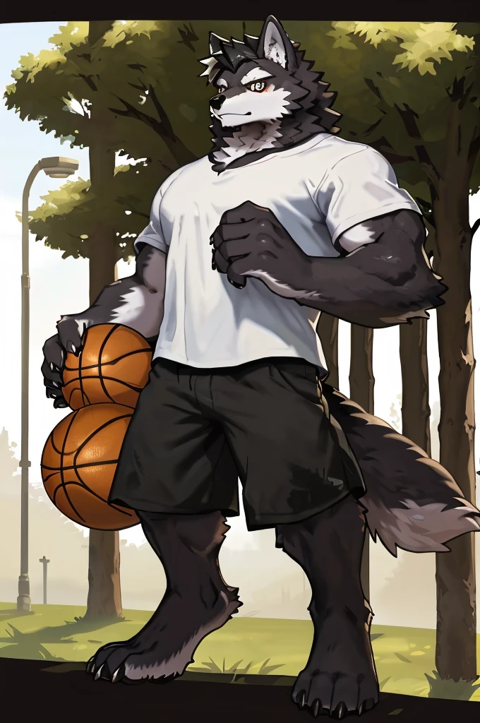 (Strong arms),(Strong legs),masterpiece, best quality, Official Art, Extremely detailed CG unified 8k wallpaper, Ultra Detailed, Best Illustration, , Ink fur, hairy male, Wolf Boy, hairy, Ink fur, 1 Boy,, male focus,, Striped hair, Wolf ears, Animal ears, Single speaker, Ink fur, Bangs, dark hair, White highlights, Medium Hair, Solitary, Ink tail,hairy尾巴,(Black pupil),High target,(campus),barefoot,(Sexy),((High target and strong)),side,(Delicate eyes:1.2),Inky eyes,male,Solitary,(Inky pupils),(Detailed face),(Sharp eyes),Permanent,(Detailed hands),(Foot details),aldult,type,Moderate,Long legs,(Detailed fingers),(Delicate eyes),(White shirt),(Black shorts),easy,Holding a basketball