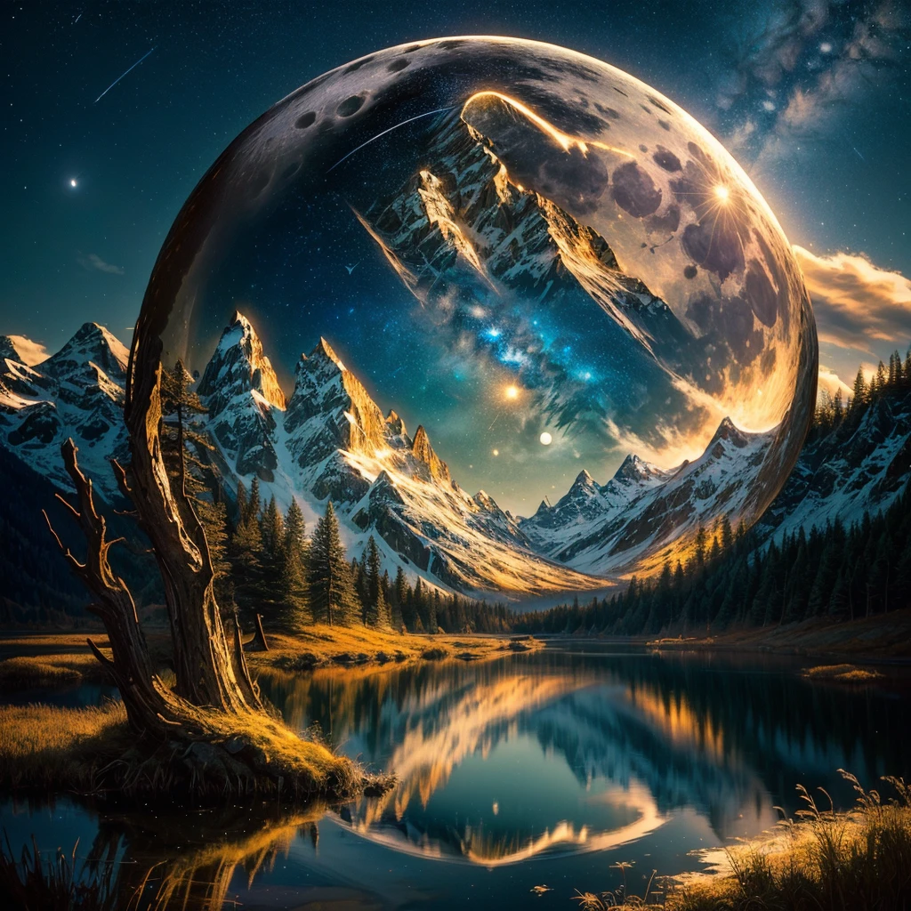 wood egg art, a tranquil mountain lake under moonlight, double exposure, as a portal to another world, night, full moon, many stars, around mountain, breathtaking beauty, unique, the most captivating masterpiece you have ever seen, stunning, award winning, perfect composition, highly detailed