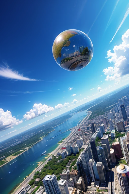 Future City Anime Style spherical Flying vehicles landscape