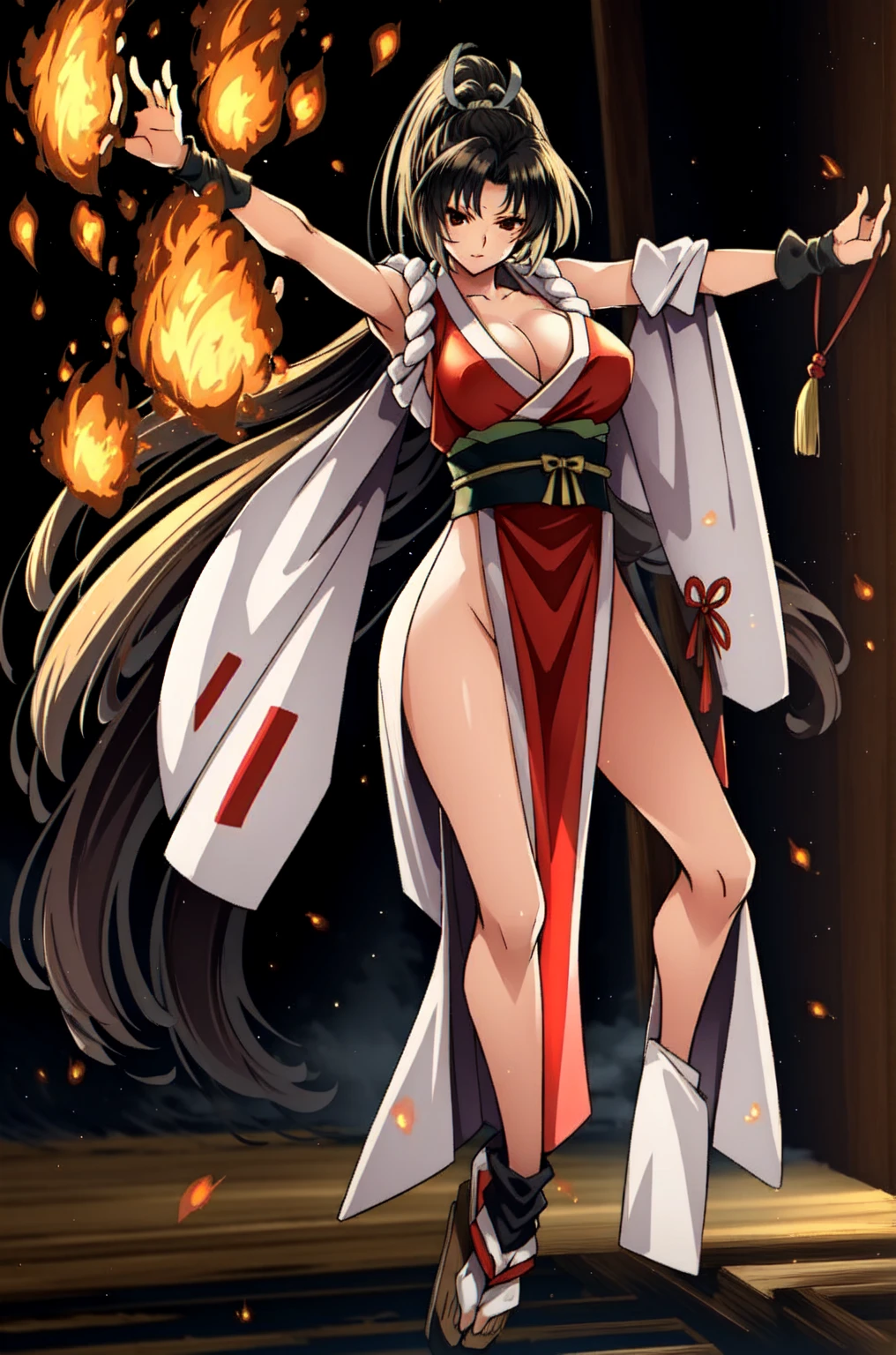 12k,((Highest quality)), ((masterpiece)), ((Realistic)), Dance does not know fire, My Style, Red clothes, striking a confident pose, Japanese temple detailed background, Warm front light, Contrast and sharpness, Medium depth of field, Dynamic Perspective, Proper scale and proportions, Detailed velvet texture., full body
