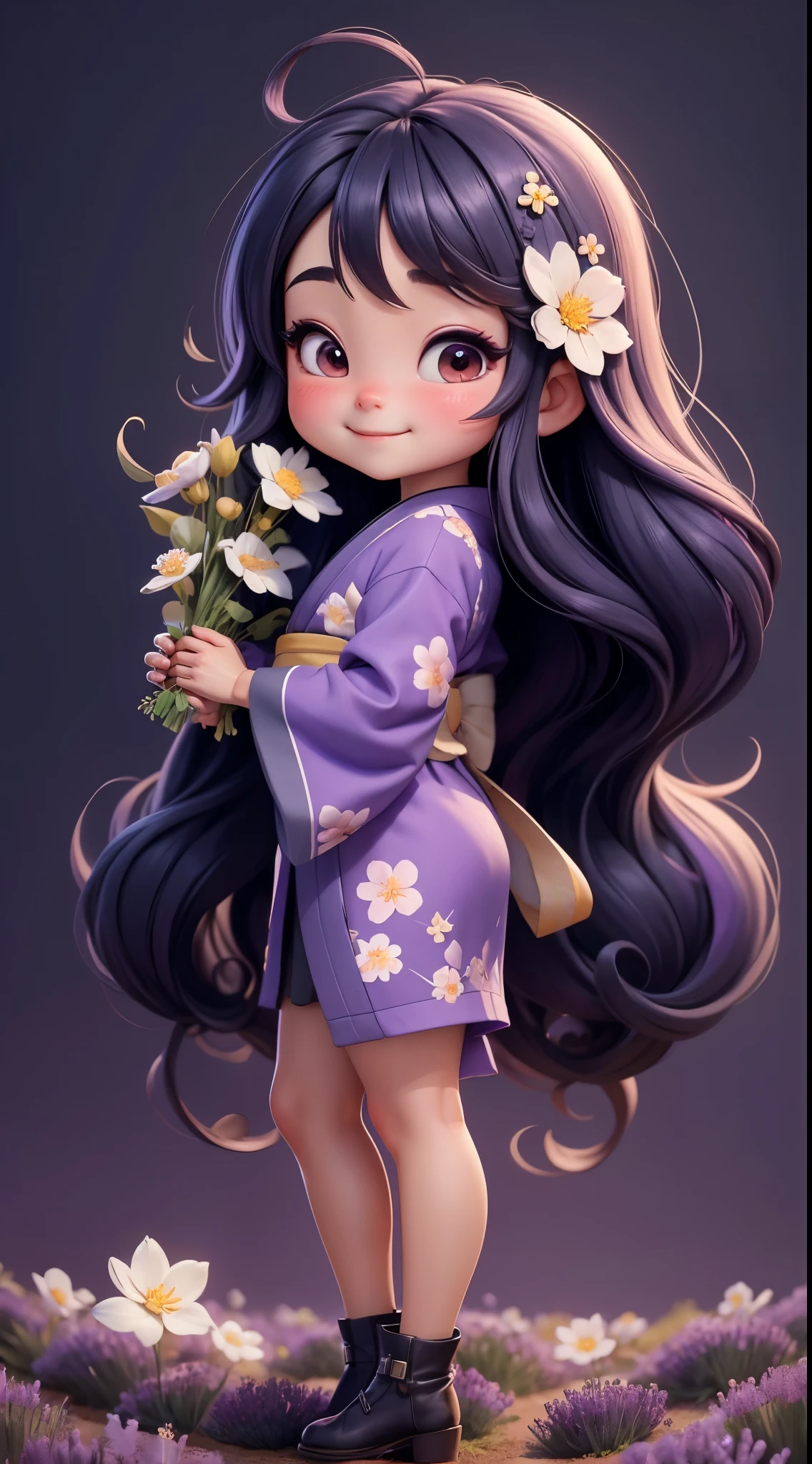 Create a   chibi version of the Alice character in an 8K resolution. A beautiful Asian girl with long, flowing black hair adorned with a delicate [lavender hair ornament] is strolling through the picturesque [lavender fields] of Furano, Hokkaido. She is wearing a stunning [kimono with lavender pattern], the vibrant purple colors contrasting with the vast expanse of blooming lavender. The girl's expression exudes a sense of tranquility and joy as she immerses herself in the beauty of the fragrant flowers, It's sunny, Detailed eyes, clear outlines, kawaii pose, A smile, Raise your right hand, Eye Up, Laugh, radiant light, Taken from the side. She should look adorable and cute. Give him a smiling expression and a sweet smile on his face, capturing the essence of the character in a delicate and charming way.