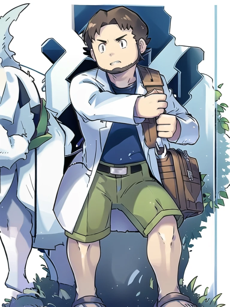 ProfessorBirch, solo, simple background, shirt, long sleeves, 1boy, standing, full body, male focus, parted lips, open clothes, shorts, teeth, belt, bag, black eyes, coat, toes, transparent background, sandals, blue shirt, clenched hand, legs apart, open coat, shoulder bag, labcoat, white coat, green shorts