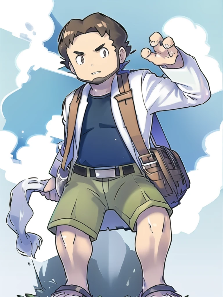 ProfessorBirch, solo, simple background, shirt, long sleeves, 1boy, standing, full body, male focus, parted lips, open clothes, shorts, teeth, belt, bag, black eyes, coat, toes, transparent background, sandals, blue shirt, clenched hand, legs apart, open coat, shoulder bag, labcoat, white coat, green shorts