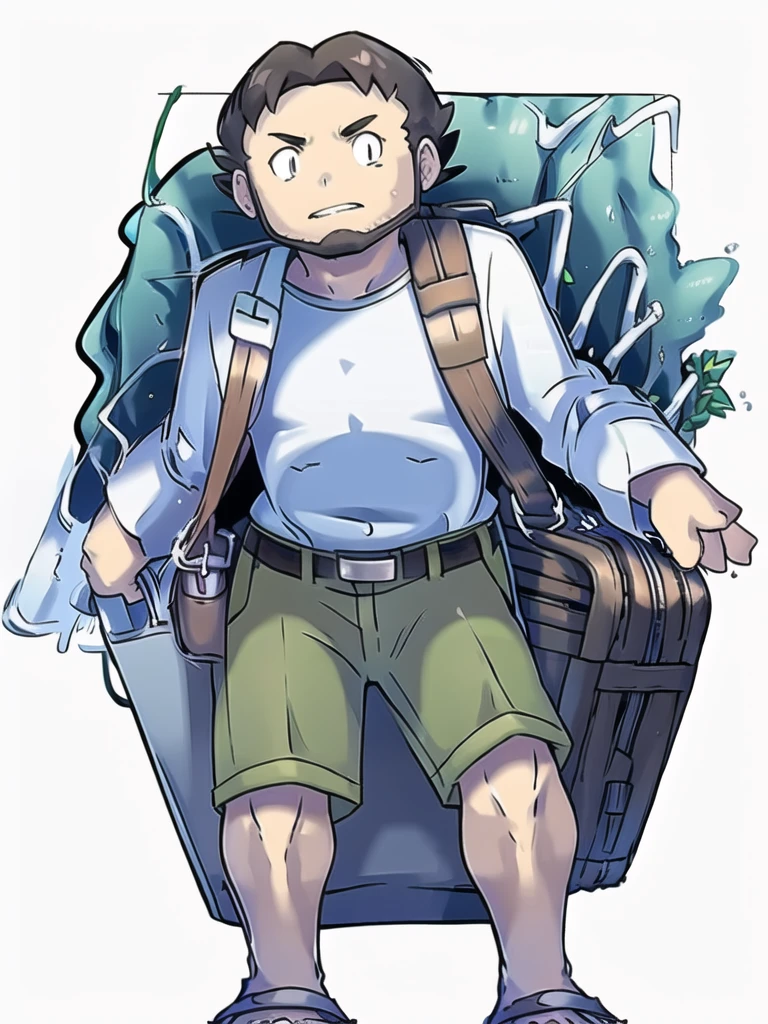 ProfessorBirch, solo, simple background, shirt, long sleeves, 1boy, standing, full body, male focus, parted lips, open clothes, shorts, teeth, belt, bag, black eyes, coat, toes, transparent background, sandals, blue shirt, clenched hand, legs apart, open coat, shoulder bag, labcoat, white coat, green shorts