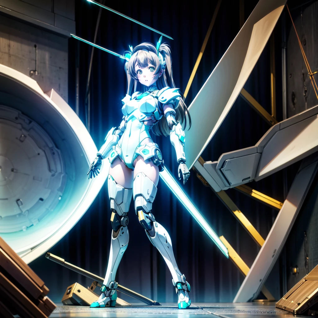 masterpiece, high quality, Minami Kotori, a cyborg girl with a mechanical body、Gynoid cyborg body modification surgery、Blue and white leotard armor、A precisely mechanized body、Single image、from the front,Put the whole body