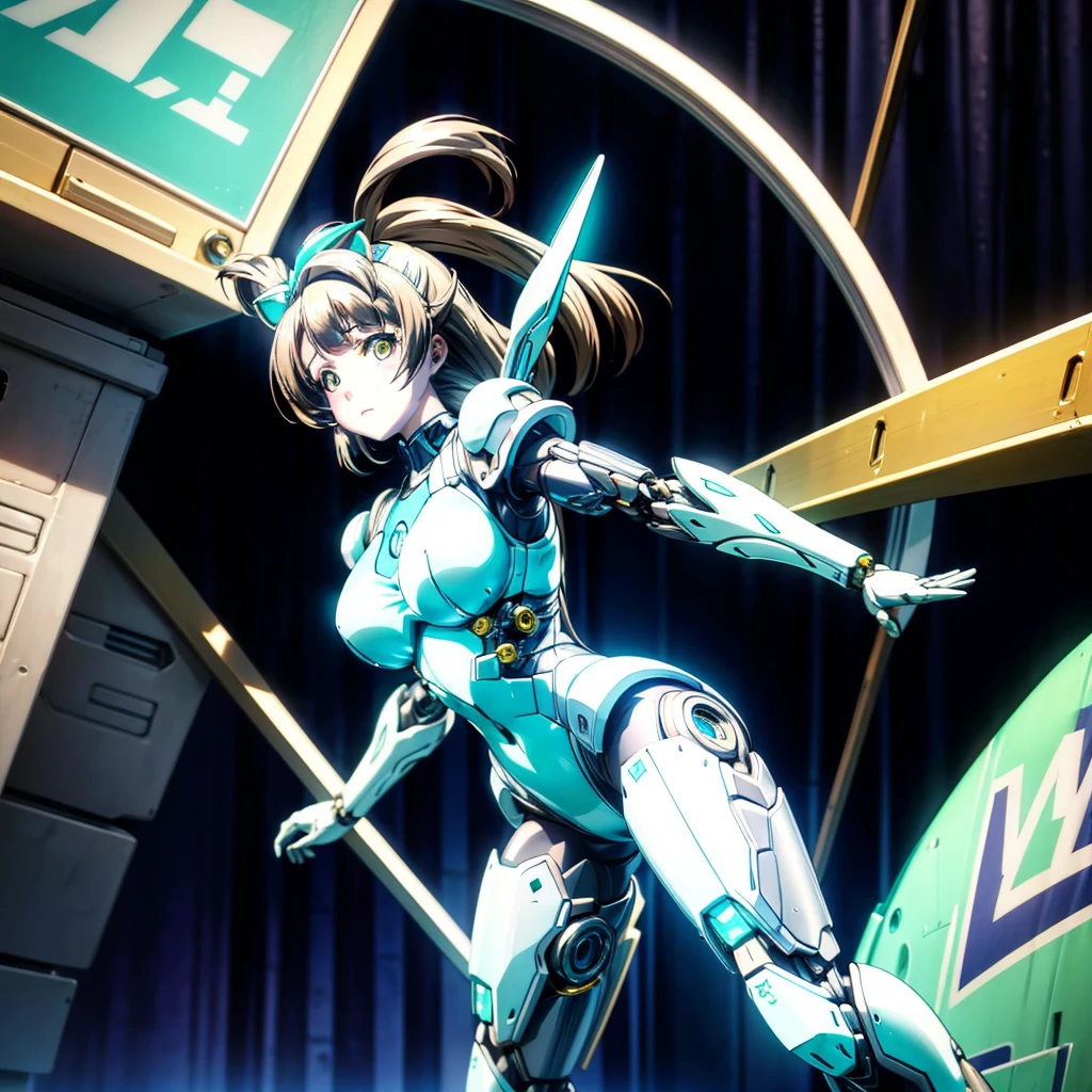 masterpiece, high quality, Minami Kotori, a cyborg girl with a mechanical body、Gynoid cyborg body modification surgery、Blue and white leotard armor、A precisely mechanized body、Single image、from the front,Put the whole body