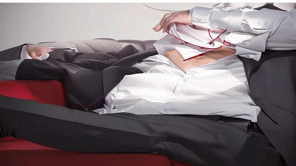 Handsome guy in a suit sitting on a red couch with his hand on his lap, he wears an eyepatch, high quality