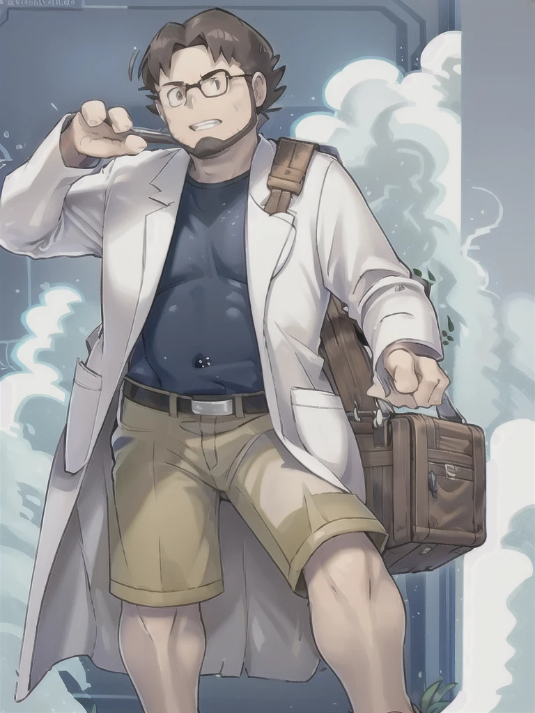 ProfessorBirch, solo, simple background, shirt, long sleeves, 1boy, standing, full body, male focus, parted lips, open clothes, shorts, teeth, belt, bag, black eyes, coat, toes, transparent background, sandals, blue shirt, clenched hand, legs apart, open coat, shoulder bag, labcoat, white coat, green shorts