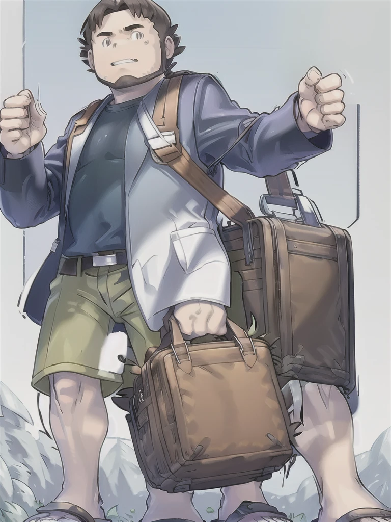 ProfessorBirch, solo, simple background, shirt, long sleeves, 1boy, standing, full body, male focus, parted lips, open clothes, shorts, teeth, belt, bag, black eyes, coat, toes, transparent background, sandals, blue shirt, clenched hand, legs apart, open coat, shoulder bag, labcoat, white coat, green shorts