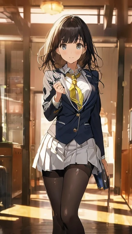 (Browsing Caution:1.8), ((Highest quality, masterpiece, 8K, High resolution, detailed)), ((A photo of a high school girl wearing see-through panties)), ((A high school girl standing with her legs open in black pantyhose)), Blazer uniform, The wind has blown her skirt up, exposing her underwear,  high school girl, Beautiful and firm breasts, Beautiful and distortion-free face, Young and cute gravure idol, Realistic young gravure idol, Young and thin gravure idol, Japanese Goddess, (Natural Side Lighting, Cinema Lighting), Written boundary depth, Looking at the audience, Front view, 1 Girl, Asian, ((Bob Hair)), Perfect Face, Cute symmetrical face, Pale skin, Shiny skin, Asymmetrical bangs, Big eyes, Droopy eyes, Long eyelashes, thin, Beautiful Hair, Beautiful Face, Beautiful and beautiful eyes, Beautiful clavicle, Beautiful body, Beautiful breasts, Beautiful thighs, Beautiful legs, Beautiful fingers, (Beautiful views), evening, Droopy eyes, 