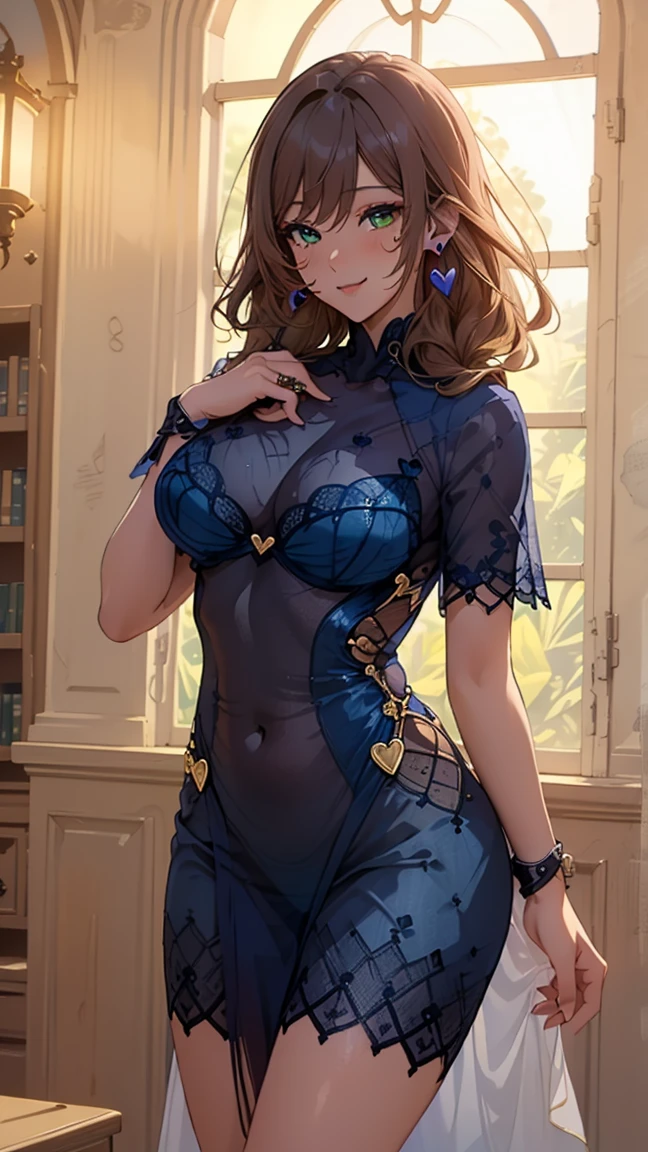 Masterpiece, Super Detail, High Quality, 8K CG, Huge Breasts, Night, Blushing, Smiling, Bright Eyes, Standing, (Shining Eyes:1.5), Upper Body Detail, beautiful Face and body, (((Sexy navy blue colored see-through dress only, bottomless))), (((heart earrings))), (((front view sexy pose))), (((night party)))