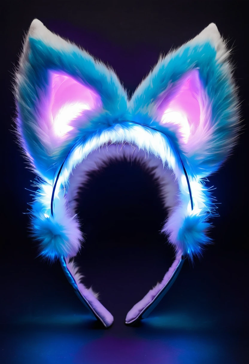 Close-up of a pair of furry ear headbands,Headband headdress,lights on, Gorgeous lighting,led,anime ears, Animal ears, Mouse ears, fluffy Fox ears, Glowing neon bow, Cat ears, metal Cat ears and glowing eyes, fake Cat ears, With blue lights, Wolf ears, Headband, Cat ears and tail, Fox ears, Cute ears, Ears shine through the light