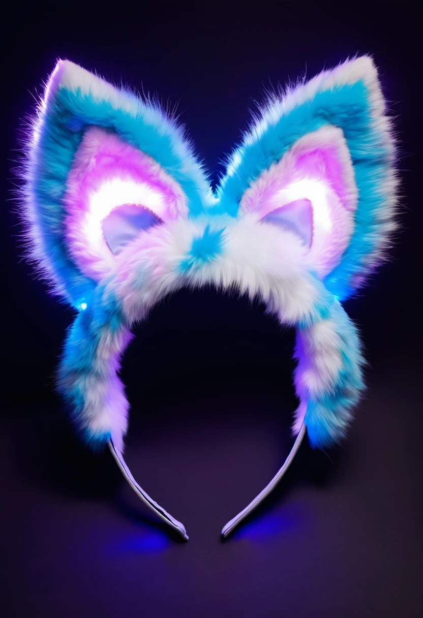 Close-up of a pair of furry ear headbands，Headband headdress，lights on, Gorgeous lighting，led,anime ears, Animal ears, Mouse ears, fluffy Fox ears, Glowing neon bow, Cat ears, metal Cat ears and glowing eyes, fake Cat ears, With blue lights, Wolf ears, Headband, Cat ears and tail, Fox ears, Cute ears, Ears shine through the light