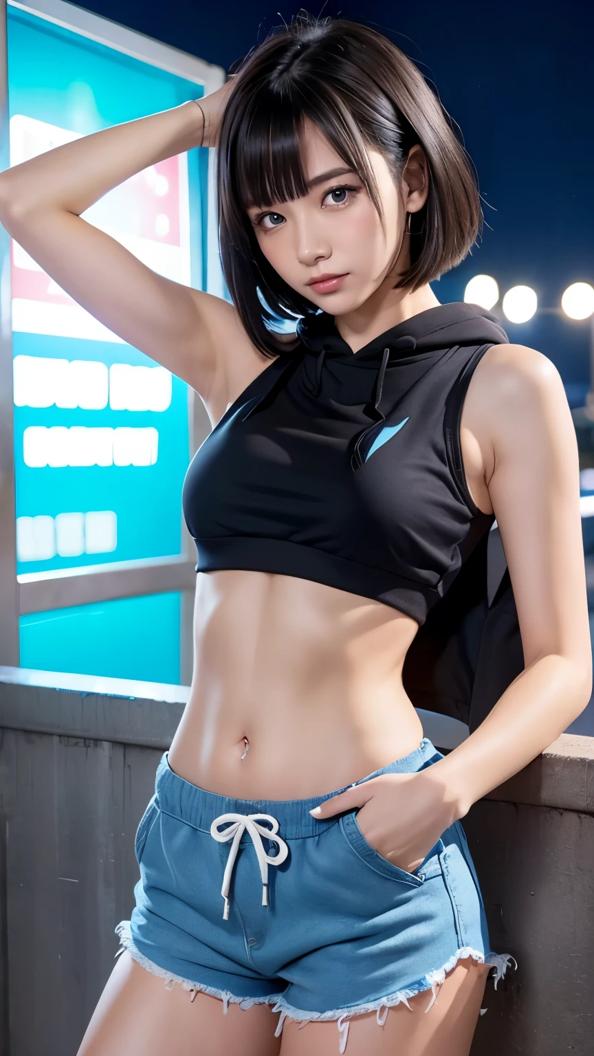 High resolution、1 female、girl、Black Hair、short hair、Slanted Eyes、blue eyes、thin、hoodie、fur、Tank top、Shorts、belly button、Tattoo stickers、Night view