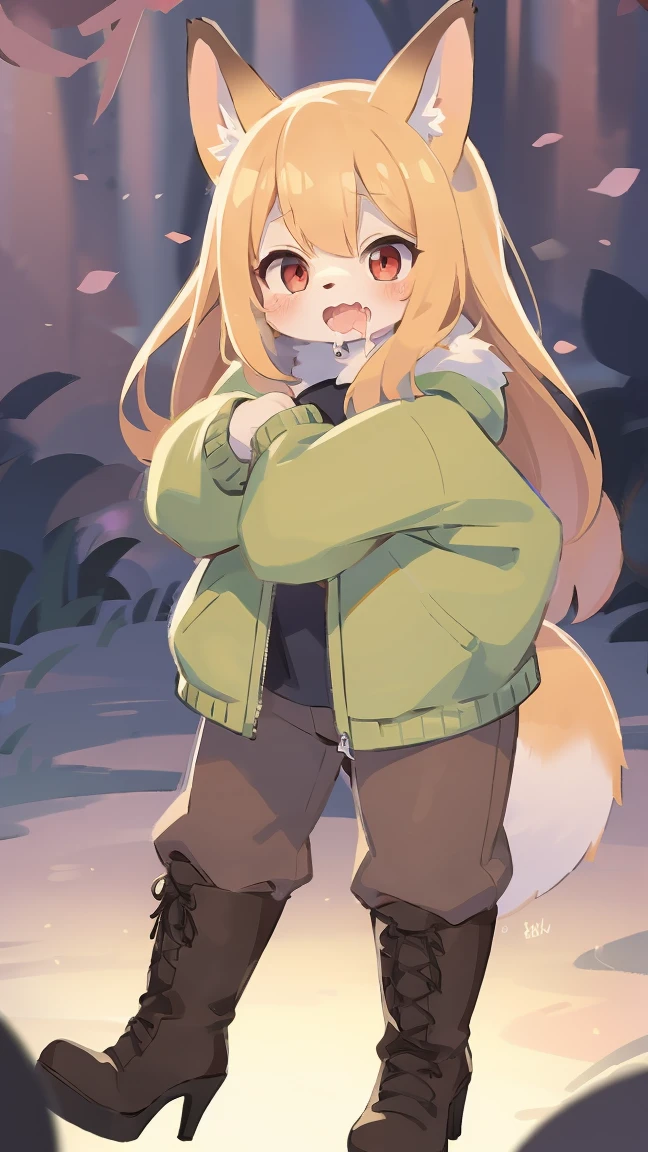 Fox, ,background:Erotic Trap Dungeon,Tentacle torture,Constraints,torture, Covered in tentacles,Disgusting feelings,Squint your eyes,Hairy, Fur, smooth eyelashes, Golden fur, Forelimb Hand, long blonde hair straight, Round eyes, Golden ears, Golden fur, golden face fur, Shiny Hair, Red eyes, Very cute face, 1Foxのしっぽ, Fluffy tail, Hairy尻尾, Glowing Eyes, Green coat Green hooded down jacket, Brown trousers, Knee-high boots,Stiletto heels,Are standing, Open your mouth, Drooling,Very fine fur, Broken Eye, whole body, masterpiece, high quality, high detail, 最high quality, wide short, (((alone))), ,