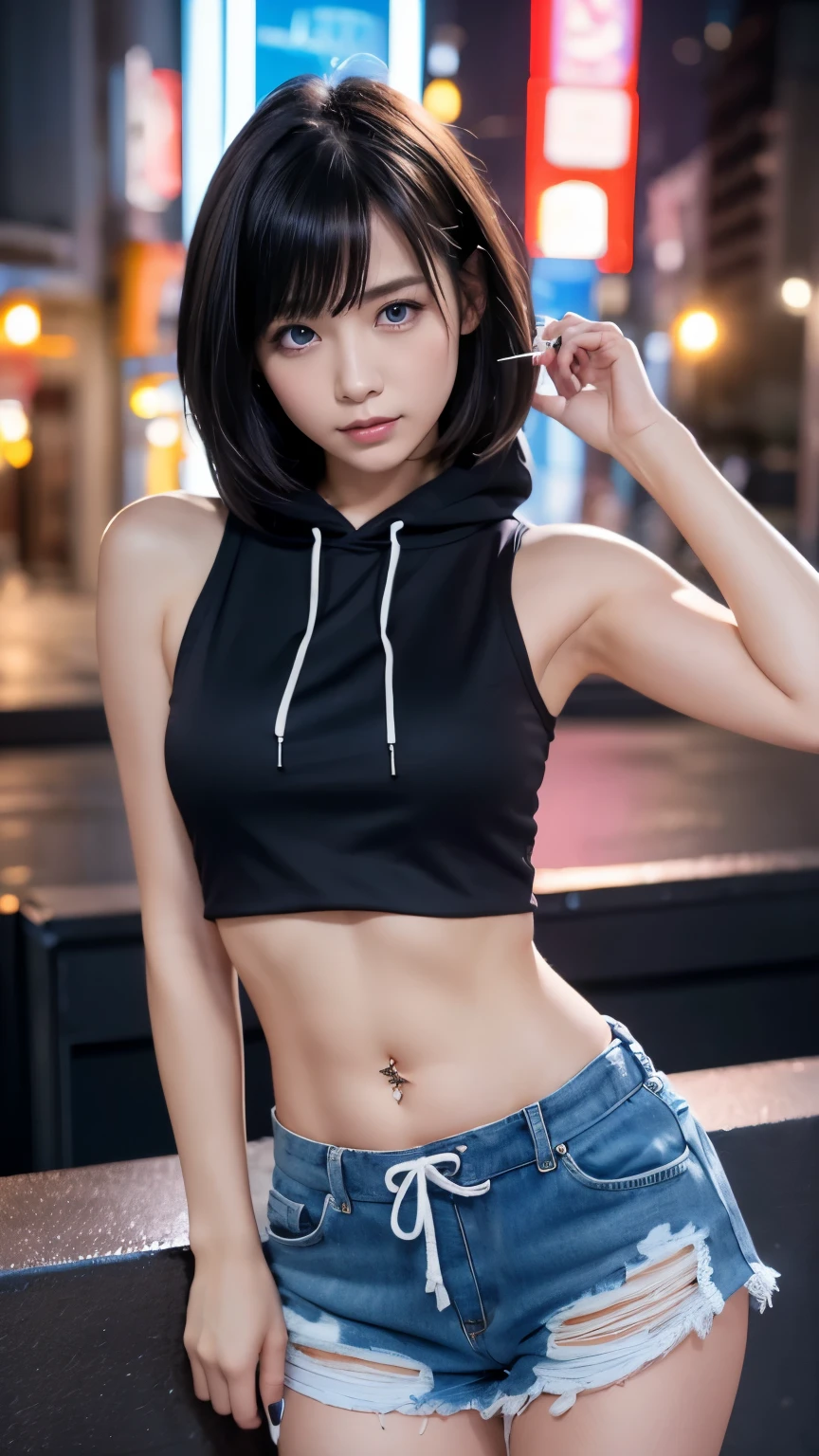 High resolution、1 female、girl、Black Hair、short hair、Slanted Eyes、blue eyes、thin、hoodie、fur、Tank top、Shorts、belly button、Tattoo stickers、Night view