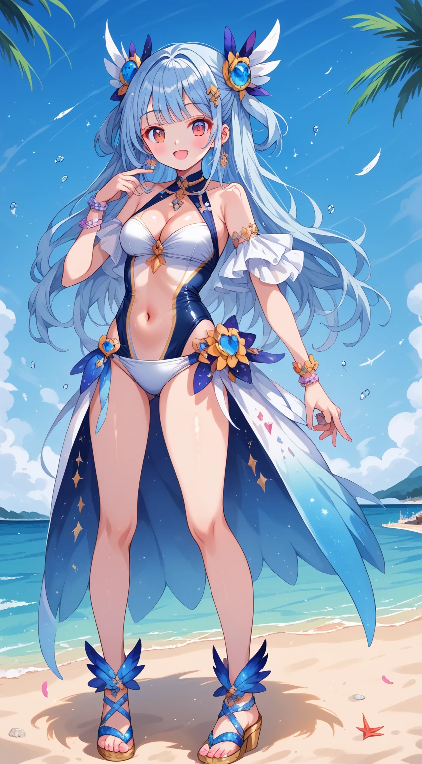 score_9, score_8_up, score_7_up, source_anime,masterpiece, best quality, high resolution, extremely detailed CG, absurdres, highres, 1girl, a girl in a swimsuit, navel, cleavage, posing at the beach, (((light blue hair))), golden_decorations, feathers on swimsuit, asymmetric swimsuit, ((glitter swimsuit, shiny swimsuit)), Ombre swimsuit, gorgeous, single thighhigh, beach and blue sky in background, ((((transparent_dress)))),Colorful portraits, happy,AissistXLv2