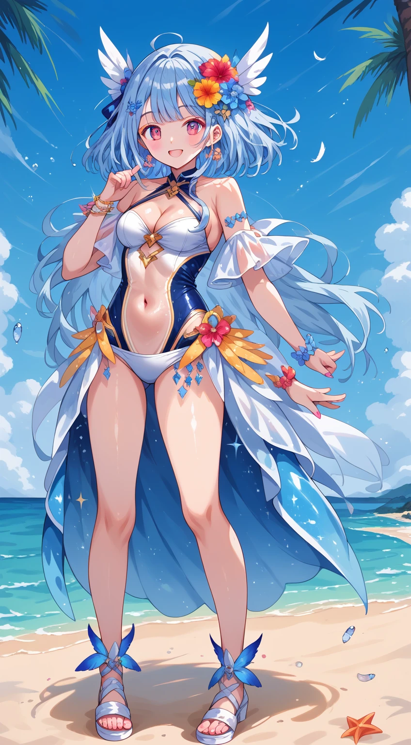 score_9, score_8_up, score_7_up, source_anime,masterpiece, best quality, high resolution, extremely detailed CG, absurdres, highres, 1girl, a girl in a swimsuit, navel, cleavage, posing at the beach, (((light blue hair))), golden_decorations, feathers on swimsuit, asymmetric swimsuit, ((glitter swimsuit, shiny swimsuit)), Ombre swimsuit, gorgeous, single thighhigh, beach and blue sky in background, ((((transparent_dress)))),Colorful portraits, happy,AissistXLv2